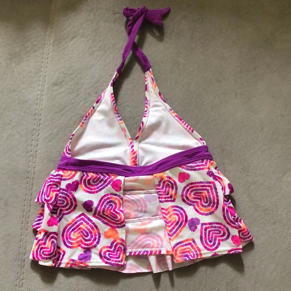 Joe Box 2 Piece Swim Suit Girls 10/12 Large Pink Purple White Ruffles Halter NWT